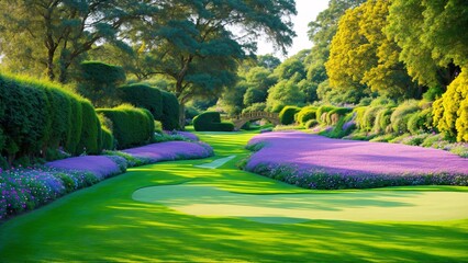 Golf lawn park with bridge. A deep view into a park with purple flower banks, green hedges, a bridge, and forest.