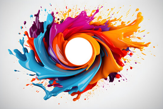 Curved wave colorful pattern with paint drops on white background, abstract circle liquid motion flow explosion,