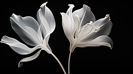  a couple of white flowers sitting next to each other on a black background in the middle of the picture is a single white flower in the middle of the picture.