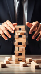 Close-up of businessman playing with wooden blocks. Risk and strategy concept
