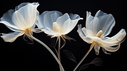  three white flowers on a black background with a black background and a white flower in the middle of the picture.