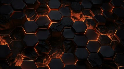 a black and orange background with glowing hexagons - obrazy, fototapety, plakaty