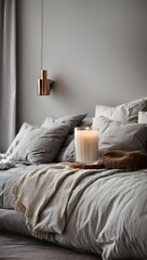 Interior, modern room design with bed and candle. Generative AI