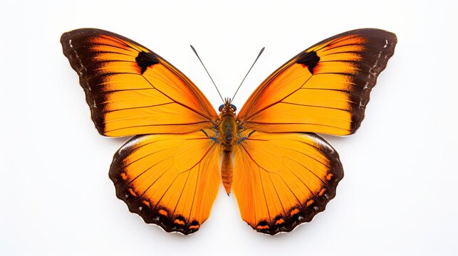  a close up of a yellow butterfly on a white background with only one wing missing from the top of the butterfly.