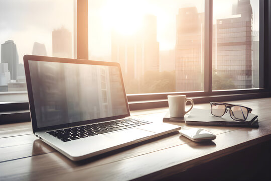 laptop and coffee cup on wooden table in office with city view