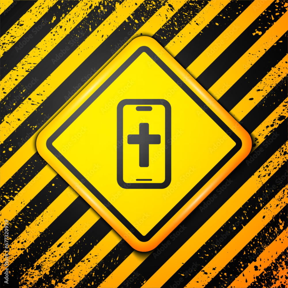 Sticker Black Christian cross on mobile phone icon isolated on yellow background. Church cross. Warning sign. Vector