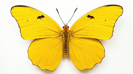  a close up of a yellow butterfly on a white background with a black spot on the top of the wing.