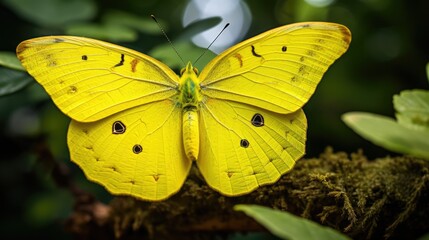  a close up of a yellow butterfly on a branch with green leaves in the background and a blurry sky...
