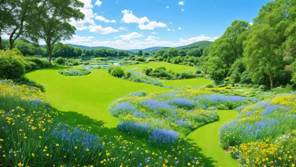 Poster Far summer park. A wide park landscape with blue yellow flowers, flat lawn, bushes, trees, leading to distant lakes and forest. © StahlWorks