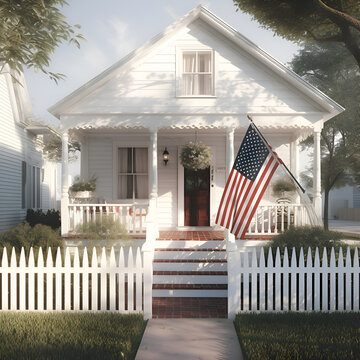 American flag in front of a house with white picket fence.