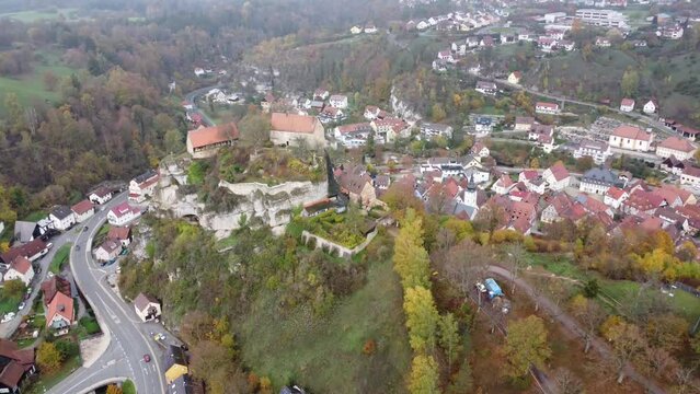 Drone view of the castle Burg Pottenstein in Fraenkische Schweiz