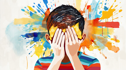 Illustration in bright colors as a painting with a portrait of a child who is overwhelmed by many influences and reacts with illness such as headaches or a vulnerable immune system
 - obrazy, fototapety, plakaty
