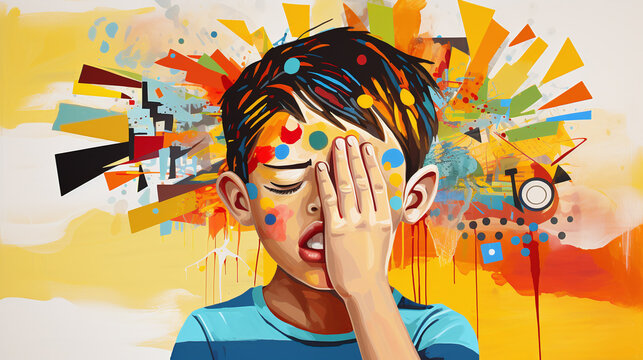 Illustration in bright colors as a painting with a portrait of a child who is overwhelmed by many influences and reacts with illness such as headaches or a vulnerable immune system
