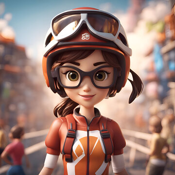 3D rendering of a little girl in a helmet and glasses on the background of the city.