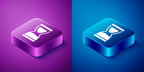 Isometric Old hourglass with flowing sand icon isolated on blue and purple background. Sand clock sign. Business and time management concept. Square button. Vector