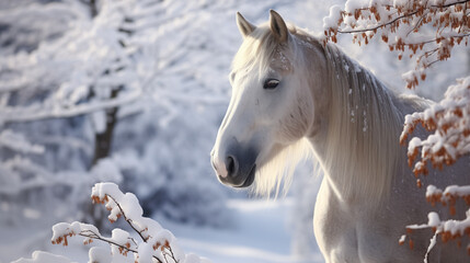 Majestic white horse in a snowy landscape, serene beauty.