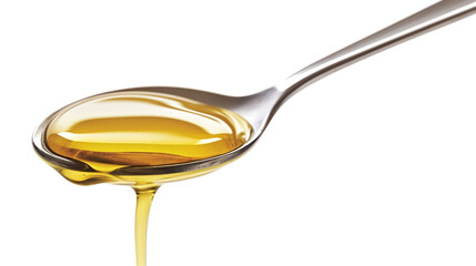 spoon with yellow golden honey or cooking oil isolated against white background
