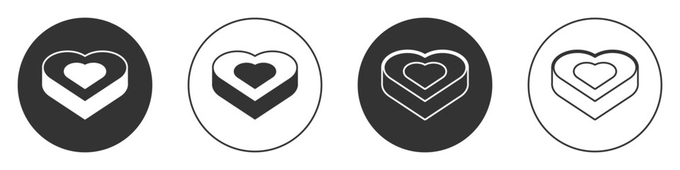 Black Candy in heart shaped box icon isolated on white background. Valentines Day. Circle button. Vector