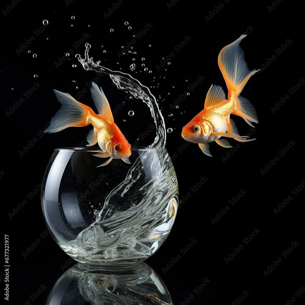 Wall mural A mid shot of 2 glass fish bowls. We can see an orange gold fish jumping out a small glass fish bowl and into a second much larger fish bowl. On a black studio background. - Wall murals