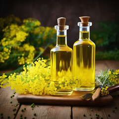Still life with rapeseed oil in bottles with rape flowers as decortation on a wooden table against a green background
 - obrazy, fototapety, plakaty