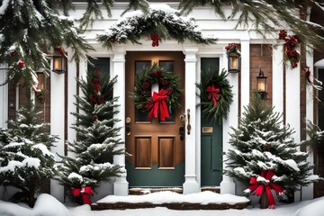 Fototapeta na wymiar Snowy home entrance decorated with holiday wreath and evergreens