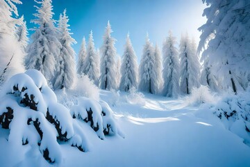 Winter landscape with fur-trees and fresh snow. Ukraine, Carpathians - obrazy, fototapety, plakaty