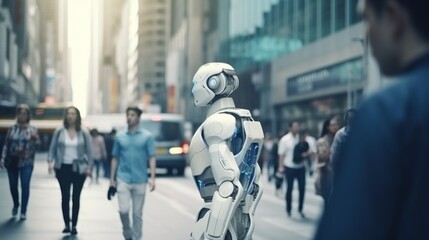 Fototapeta na wymiar Employee robot walking with peoples. humanoid AI robot crossing street. future automation job.