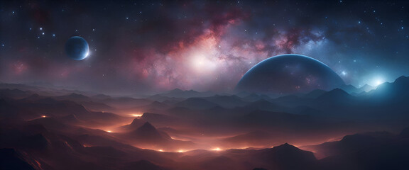 Fototapeta na wymiar Fantasy landscape with planet. stars and moon. 3d illustration