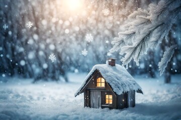 Frosty winter wonderland with snowfall and magic lights. Christmas greetings concept