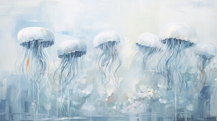  a painting of a group of jellyfish floating in the water with their heads turned to look like they are floating in the water.