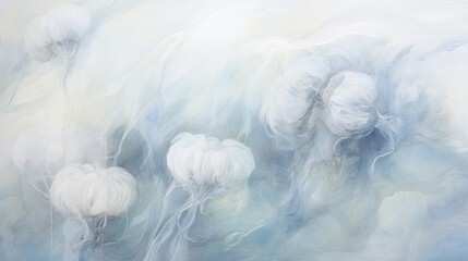  a painting of a bunch of white flowers on a blue and white background with some water in the foreground.