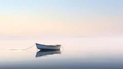  a small boat floating on top of a body of water next to a shore line on a foggy day. - Powered by Adobe
