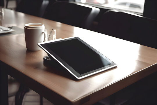 Tablet pc and coffee cup on table in cafe. stock photo