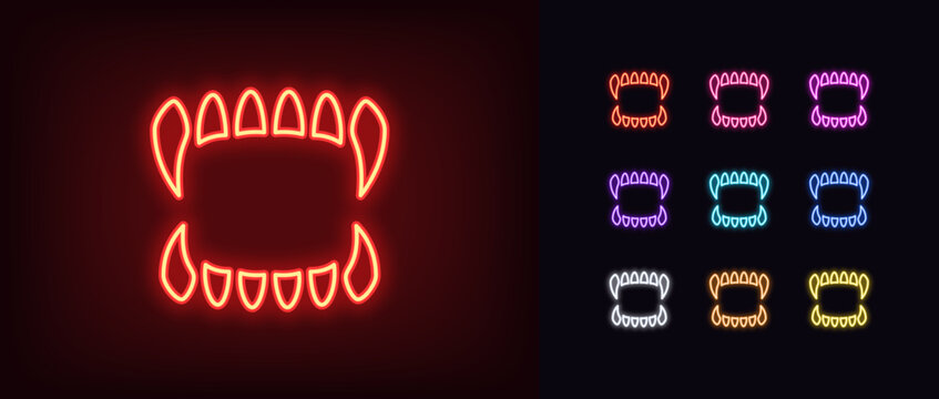 Outline neon fangs icon set. Glowing neon monster teeth with sharp fangs. Scary vampire teeth, dracula fangs, beast jaw and spooky grin, angry monster mouth. Horror, fear and nightmare. Vector icons