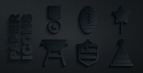 Set Shield with stars, Balloon, Barbecue grill, Party hat, American Football ball and Medal icon. Vector - obrazy, fototapety, plakaty