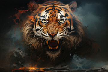 Illustration angry tiger portrait fire and smoke. Animal on a dark background. Generative AI - obrazy, fototapety, plakaty