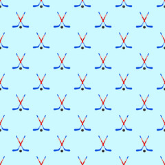 Hockey vector seamless pattern. Ice hockey template background. Cute sticks and pucks endless backdrop. Winter sports repeated texture for sporting designs, prints
