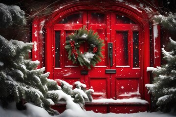 Winter decoration. Red door with Christmas wreath and tree branches