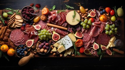  a platter of meats, cheeses, fruit, and crackers on a cutting board with a knife.