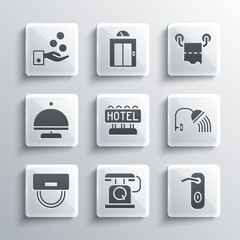 Set Telephone handset, Door handle, Shower head, Signboard with text Hotel, Bellboy hat, Covered tray, Paying tips and Toilet paper roll icon. Vector