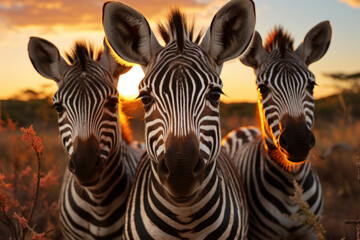 Zebras in african savannah. Created with Generative AI - obrazy, fototapety, plakaty