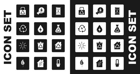 Set Bio fuel barrel, Water energy, Battery with recycle, Paper bag, Garbage, Lightning bolt, Eco House recycling and Solar panel icon. Vector