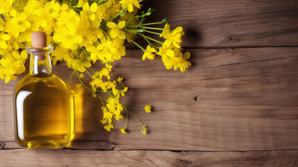 top view Still life with rapeseed oil in bottles and rape flowers as decortation on a wooden table with text space
