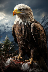 Obraz premium Hawk sit on stone. Mountain landscape background. Created with Generative AI