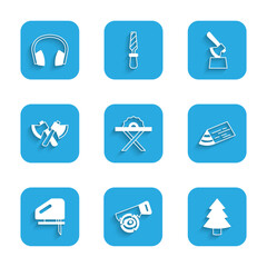 Set Electric circular saw, Hand and log, Christmas tree, Wooden beam, jigsaw, axe, in stump and Headphones icon. Vector