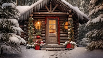  a log cabin decorated for christmas with a christmas tree and presents in front of the door and snow on the ground.