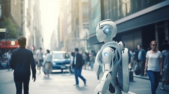 Employee robot walking with peoples. humanoid AI robot crossing street. future automation job.