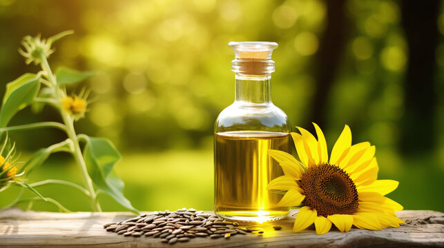 Still life with sunflower oil in bottles, sunflower seeds and sunflowers as decortation on a wooden table against a green background
