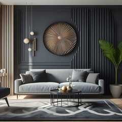 Contemporary living room with comfortable couch, coffee table, and circular sculpture