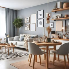 Fototapeta premium Contemporary living room with dining table and chairs